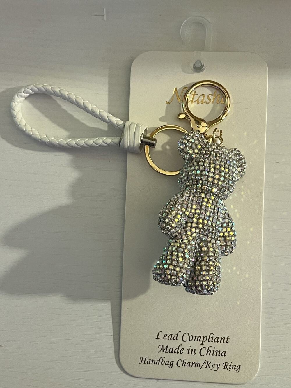 NATASHA GOLD TONE BLING BEAR KEYCHAIN/ BAG CHARM 5,75”